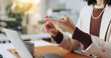 Hands, counting and business person with laptop for budget, accounting or tax calculation in...