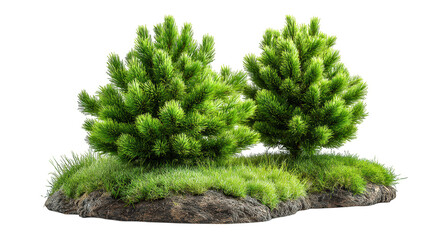 Two green pine bushes on a grassy mound isolated on transparent background