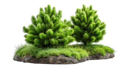 Two green pine bushes on a grassy mound isolated on transparent background