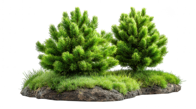 Two green pine bushes on a grassy mound isolated on transparent background