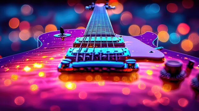 Close-up of a vibrant electric guitar, bathed in colorful bokeh lights - Powered by Adobe