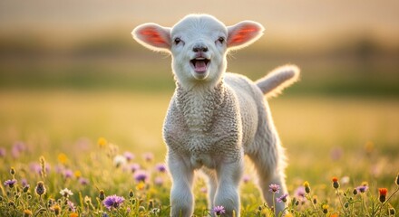 Obraz premium A small, white lamb stands in a field of wildflowers, looking directly at the viewer with its mouth slightly open, bathed in soft, golden light.
