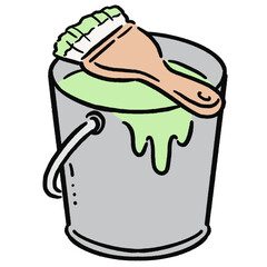 ペンキの入ったバケツと刷毛_黄緑