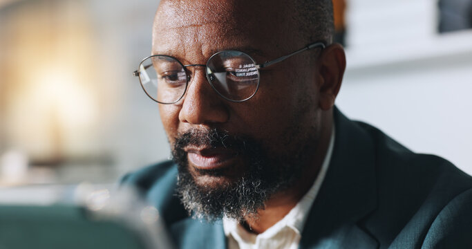 Business, glasses and black man with tablet, reflection or risk management with economy report. Mature person, email or corporate professional in office, tech or online schedule with tax audit or app