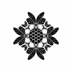 Solid black mandala with honeycomb structure and bee wings extending outward in symmetry