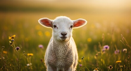 Obraz premium A small, fluffy white lamb stands in a sunlit meadow filled with wildflowers, looking directly at the viewer.