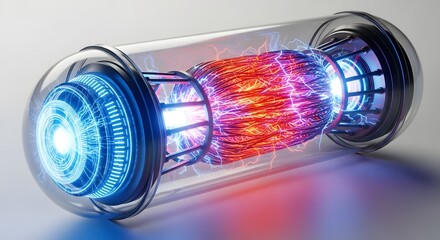 Conceptual visualization showcasing nuclear fusion energy generation inside a tokamak reactor with plasma confinement and magnetic fields.