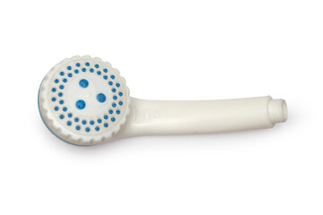 White plastic shower head on a white background. Close-up shower sprinkler.