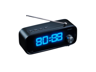  Compact Digital Clock Radio with Retracted Antenna and Textured Body, Angled Side View, Isolated on Transparent Background PNG