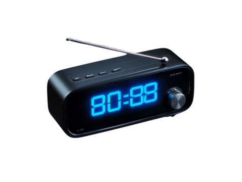 Compact Digital Clock Radio with Retracted Antenna and Textured Body, Angled Side View, Isolated on Transparent Background PNG