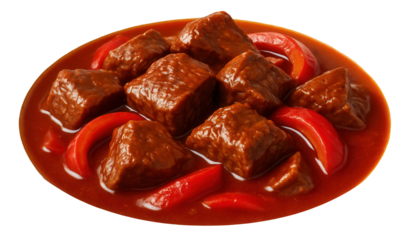 A traditional earthenware pot filled with goulash, with its rustic charm highlighted by the dark, glossy sauce