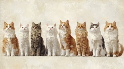 A row of eight long-haired cats of varying colors sitting side-by-side, against a textured beige background