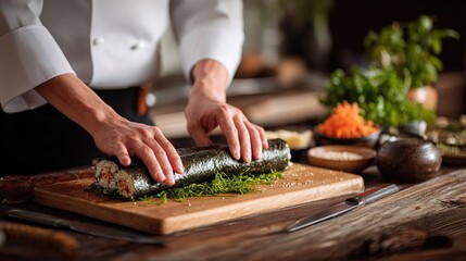 Chef preparing sushi roll on wooden board with fresh ingredients cuisine