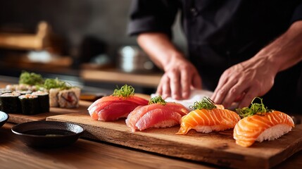 Chef preparing fresh tuna and salmon sushi nigiri on  wooden board with soy sauce
