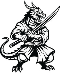 A fierce dragon, dressed in a samurai's attire, brandishes a katana in a powerful stance.
