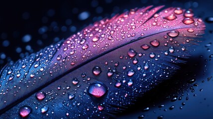 Close-up of a vibrant feather, covered in glistening water droplets.  The feather displays a gradient of deep blues and pinks, catching the light.  Dark background
