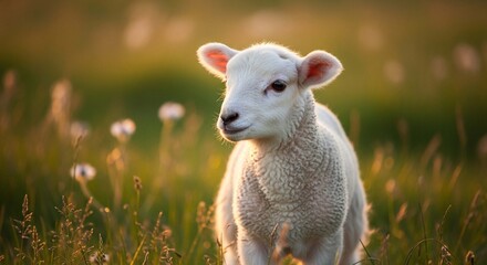 Fototapeta premium A fluffy, white lamb gazes serenely in a sun-drenched field of green grass and wildflowers.