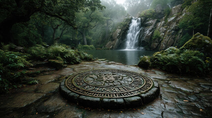 Fototapeta premium Peaceful waterfall amidst lush greenery.