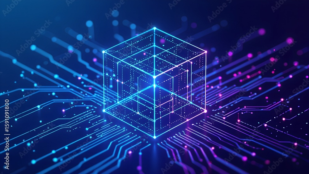 Poster digital cube: depicting the core of modern technology, a glowing digital cube levitates within a cir