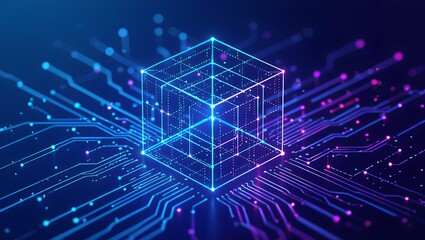 Digital Cube: Depicting the core of modern technology, a glowing digital cube levitates within a circuit board. Its intricate design showcases innovation and connectivity.