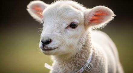 Obraz premium A close-up portrait of a fluffy, white lamb with a delicate heart-shaped collar, gazing attentively.