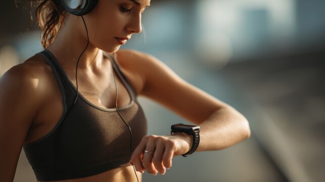 A focused woman wearing headphones checks her fitness smartwatch during a workout session in a bright gym environment.