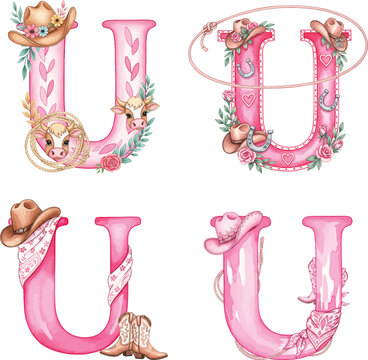 Pink Western Letter U Set - Watercolor Cowgirl Alphabet Illustration