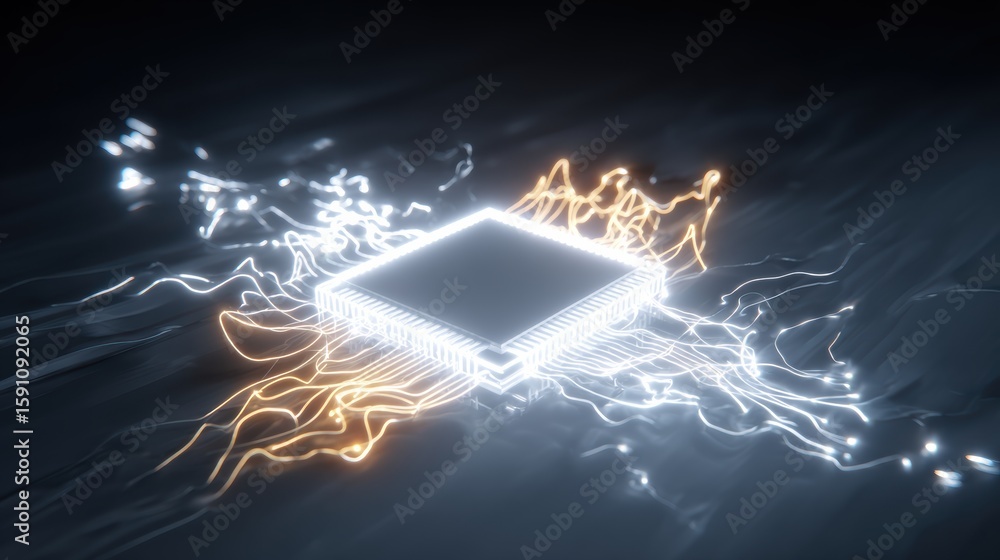 Poster a high-tech microchip radiating light, symbolizing the future of tech and innovation in a digital la