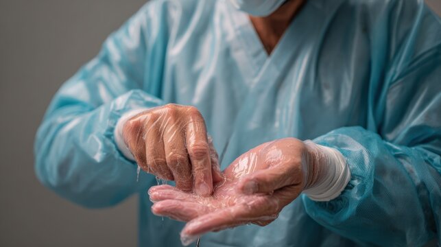 A healthcare worker applies hand sanitizer during a hygiene practice in a clinical setting.