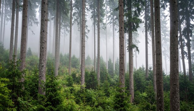 Misty forest with tall trees