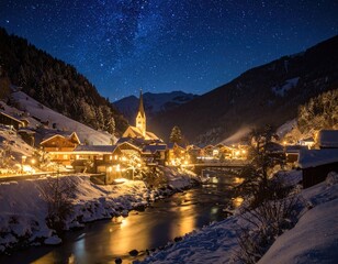 Snowy mountain village at night under a starry sky