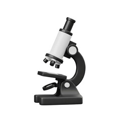 A 3D rendered black and white microscope, scientific research and education, laboratory equipment illustration, biology and chemistry studies, and medical and academic tools.