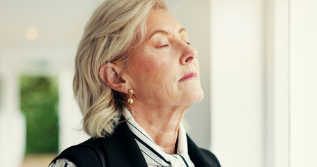 Anxiety, breathing and thinking with business woman in office for balance, mental health or...