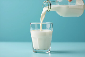 Milk being poured from a bottle into a glass on blue background, fresh dairy beverage.