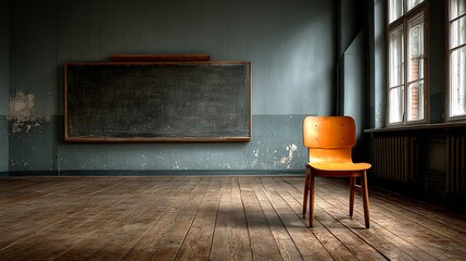 Empty classroom with one wooden chair facing a clean blackboard under soft natural light from the window, evoking themes of education, silence, solitude, and reflection.