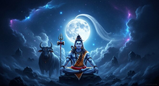 Meditating Lord Shiva with Bull, Moon, and Night Sky