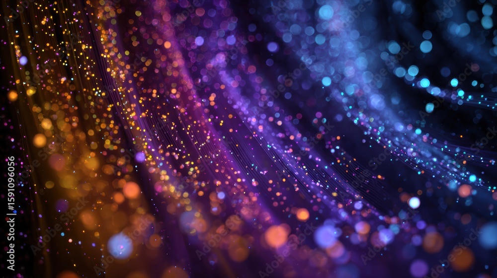 Poster a vibrant display of colorful particles creating a mesmerizing abstract pattern in motion.