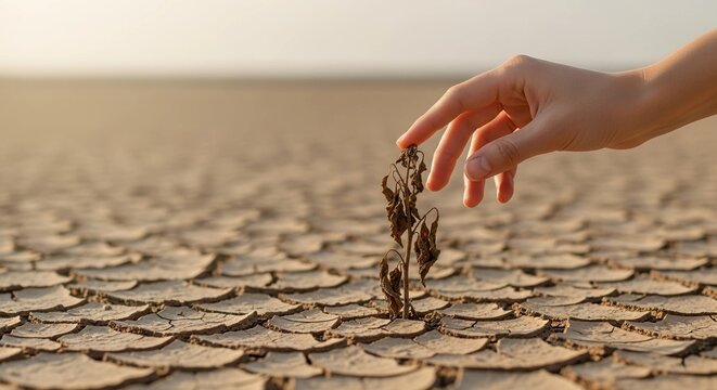 Hand touching dead plant in cracked desert, climate change impact, desertification crisis, environmental devastation, and call for sustainability.