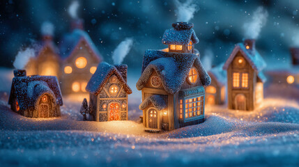 Fototapeta premium Charming winter village with illuminated houses.