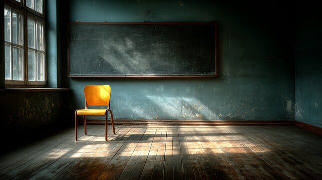 Single chair facing blackboard in a vacant classroom lit by soft daylight, symbolizing isolation, education, mindfulness, and personal introspection in quiet academic space.