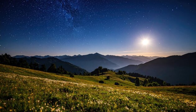 Mountain meadow under a starry night sky