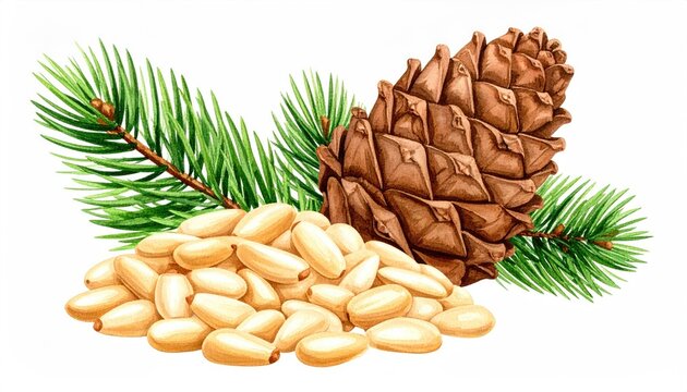 Illustration of pine nuts and pine cone
