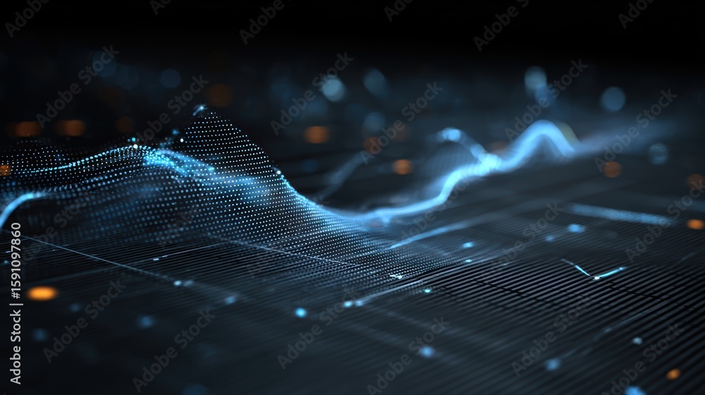 Poster abstract digital visualization with flowing lines and glowing dots, representing data and modern tec
