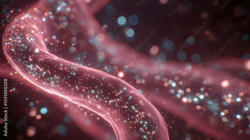 Poster abstract representation of glowing particles and light waves, creating a vibrant and captivating vis