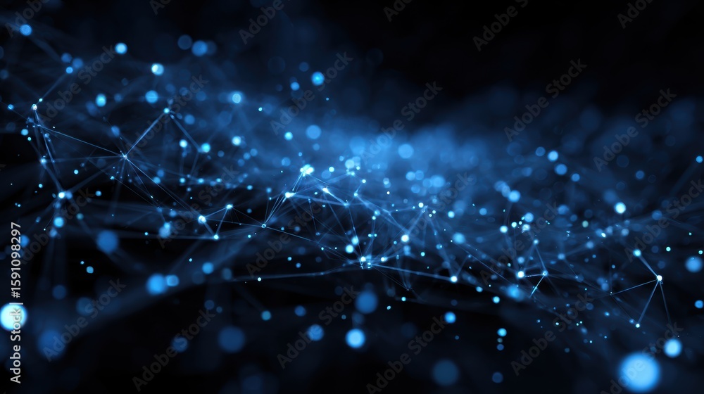 Poster abstract technology background with glowing blue dots and lines, representing data connections and d