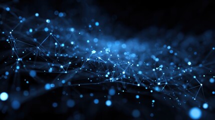 Abstract technology background with glowing blue dots and lines, representing data connections and digital networks.