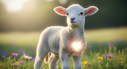 Obraz premium A fluffy lamb in a sunlit meadow, radiating a gentle light.