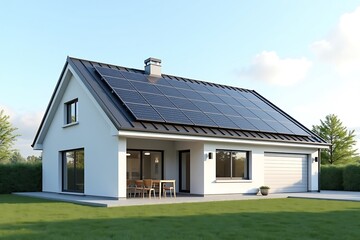 Obraz premium Modern home with solar panels sustainable energy efficient house design