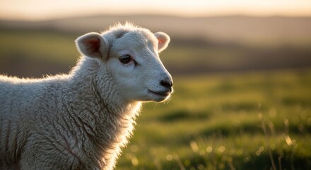 Fototapeta premium A young lamb stands in a sunlit field, bathed in warm, golden light.