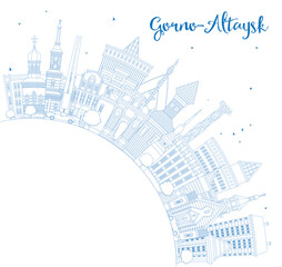 Fototapeta premium Outline Gorno-Altaysk Russia city skyline with blue buildings and copy space. Gorno-Altaysk cityscape with landmarks. Tourism concept with modern and historic architecture.